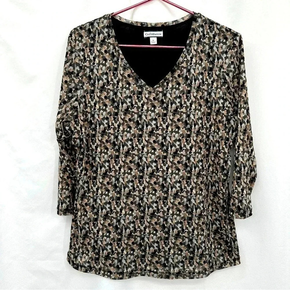Croft & Barrow Womens Multi Color Pullover Blouse XL Black Tan 3/4 Sleeves Lined - Picture 1 of 11